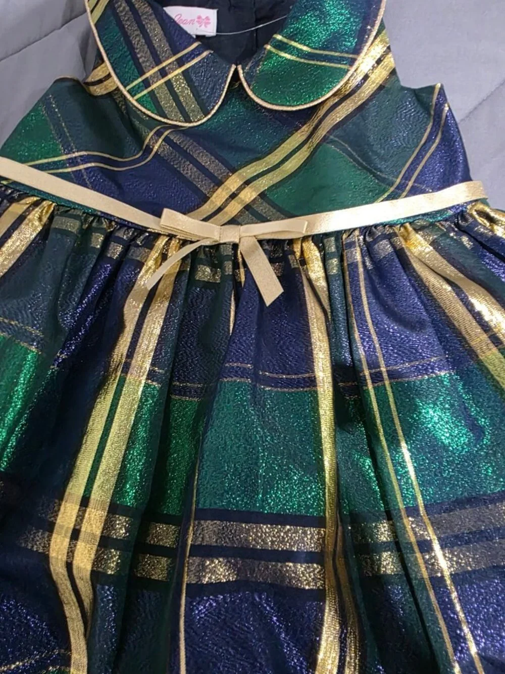 Bonnie Jean Girls 3T Metallic Green and Gold Plaid Party Holiday Christmas Dress
